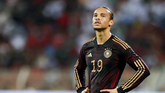 16 November 2022, Oman, Maskat: Soccer, international match, before the World Cup in Qatar, Oman - Germany at the Sultan Qabus Sports Center, Germanys Leroy Sane reacts. Photo: Christian Charisius/dpa (Photo by Christian Charisius/picture alliance via Getty Images)