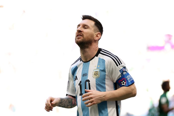 LUSAIL CITY, QATAR - NOVEMBER 22: Lionel Messi of Argentina celebrates a goal which was later disallowed by VAR during the FIFA World Cup Qatar 2022 Group C match between Argentina and Saudi Arabia at Lusail Stadium on November 22, 2022 in Lusail City, Qatar. (Photo by Clive Brunskill/Getty Images)