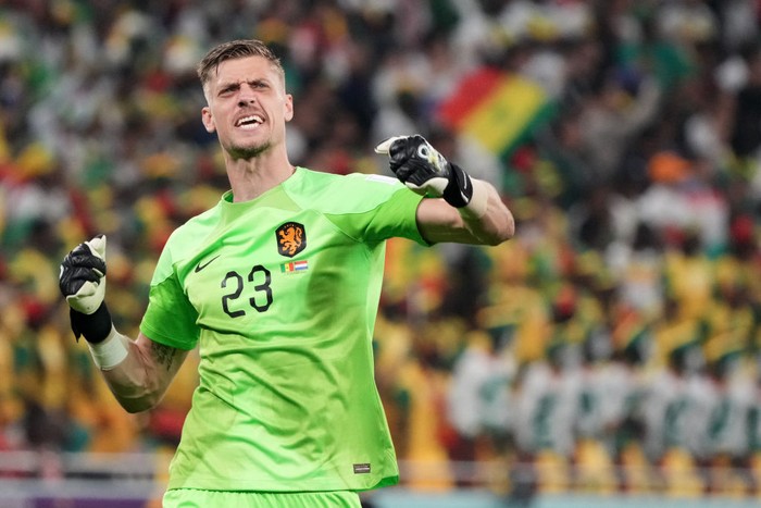 DOHA, QATAR - NOVEMBER 21: Andries Noppert of Netherlands celebrates their first goal scored by Cody Gakpo (not pictured)   during the FIFA World Cup Qatar 2022 Group A match between Senegal and Netherlands at Al Thumama Stadium on November 21, 2022 in Doha, Qatar. (Photo by Koji Watanabe/Getty Images)