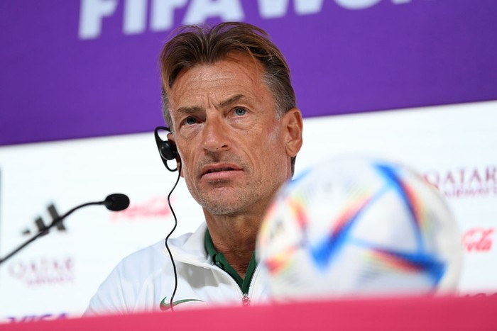 DOHA, QATAR - NOVEMBER 21: Herve Renard, Head Coach of Saudi Arabia, speaks during the Saudi Arabia Press Conference at Main Media Center on November 21, 2022 in Doha, Qatar. (Photo by Michael Regan - FIFA/FIFA via Getty Images)