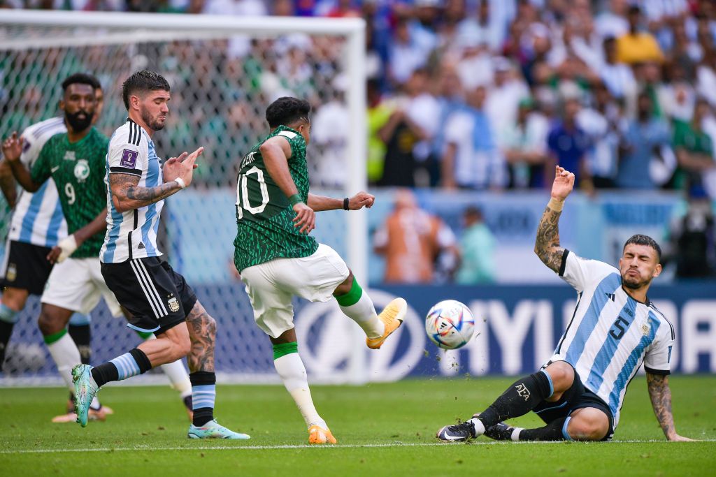 LUSAIL CITY, QATAR - NOVEMBER 22: Saleh Al-Shehri of Saudi Arabia celebrates with his team mates after scoring a goal to make it 1-1 during the FIFA World Cup Qatar 2022 Group C match between Argentina and Saudi Arabia at Lusail Stadium on November 22, 2022 in Lusail City, Qatar. (Photo by James Williamson - AMA/Getty Images)