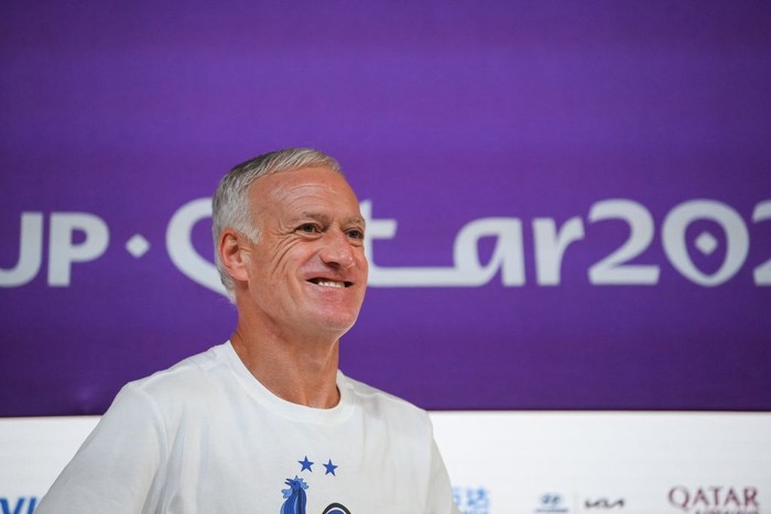 Frances coach Didier Deschamps give a press conference at the Qatar National Convention Center (QNCC) in Doha, on November 21, 2022, on the eve of the Qatar 2022 World Cup football match between France and Australia. (Photo by FRANCK FIFE / AFP) (Photo by FRANCK FIFE/AFP via Getty Images)