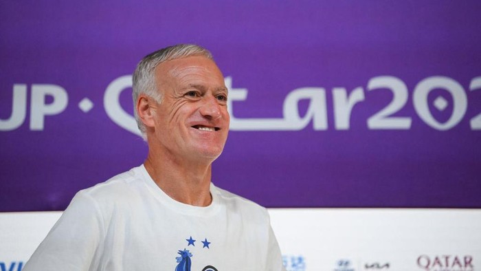 Frances coach Didier Deschamps give a press conference at the Qatar National Convention Center (QNCC) in Doha, on November 21, 2022, on the eve of the Qatar 2022 World Cup football match between France and Australia. (Photo by FRANCK FIFE / AFP) (Photo by FRANCK FIFE/AFP via Getty Images)
