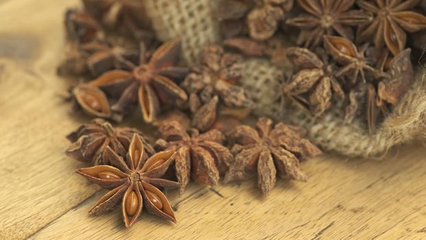 star anise in a wooden bowl on the table, close up