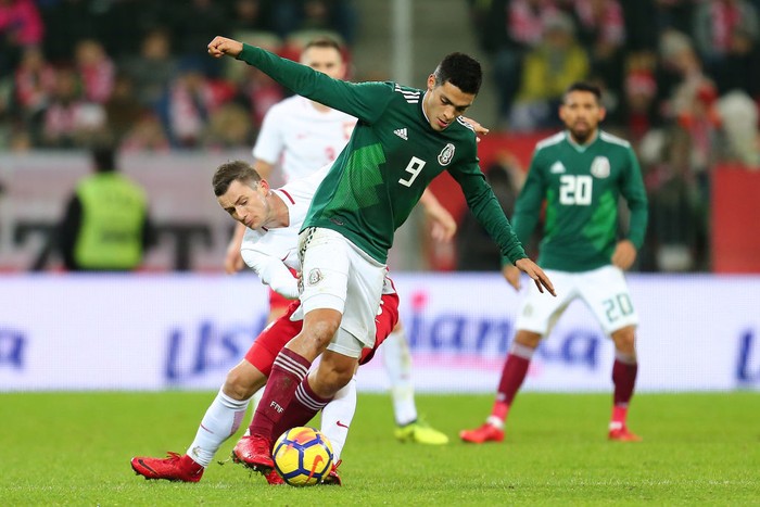 GDANSK, POLAND - NOVEMBER 13: Krzysztof Maczynski of Poland, Raul Jimenez of Mexico during the international friendly match between Poland and Mexico on November 13, 2017 in Gdansk, Poland. (Photo by Piotr Matusewicz/PressFocus/MB Media/Getty Images)