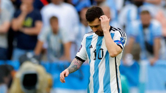 Argentinas forward #10 Lionel Messi reacts during the Qatar 2022 World Cup Group C football match between Argentina and Saudi Arabia at the Lusail Stadium in Lusail, north of Doha on November 22, 2022. (Photo by Odd ANDERSEN / AFP) (Photo by ODD ANDERSEN/AFP via Getty Images)