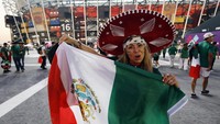 Seorang suporter wanita memakai topi sombrero sambil membentangkan bendera Meksiko. Reuters/Hamad I Mohammed