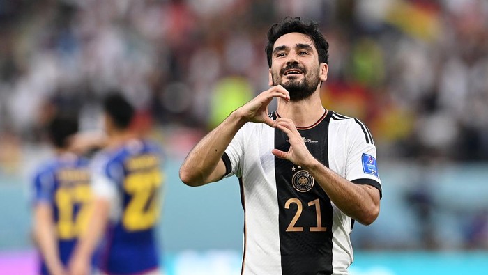 DOHA, QATAR - NOVEMBER 23: Ilkay Guendogan of Germany celebrates after scoring their teams first goal via a penalty during the FIFA World Cup Qatar 2022 Group E match between Germany and Japan at Khalifa International Stadium on November 23, 2022 in Doha, Qatar. (Photo by Claudio Villa/Getty Images)