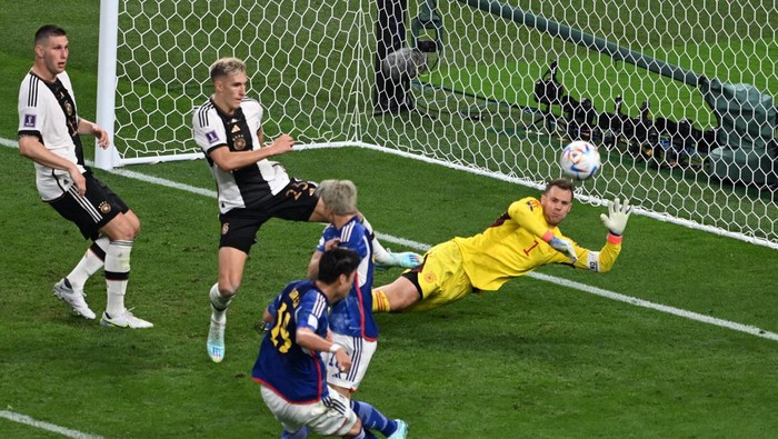 23 November 2022, Qatar, Al-Rajjan: Soccer, Qatar 2022 World Cup, Preliminary Round, Group E, Matchday 1, at Chalifa International Stadium in Al-Rajjan, Japans Ritsu Doan scores to make it 1-1. Photo: Robert Michael/dpa (Photo by Robert Michael/picture alliance via Getty Images)
