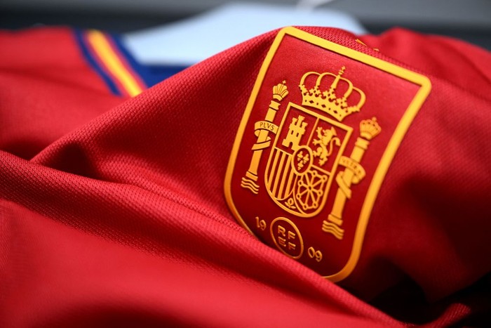 A picture taken on November 8, 2022 in Paris, shows the logo on a jersey of the Spain national football team for the Football FIFA World Cup 2022 in Qatar. (Photo by FRANCK FIFE / AFP) (Photo by FRANCK FIFE/AFP via Getty Images)