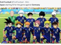 Meme banyak menggambarkan tokoh-tokoh anime yang memperkuat Timnas Jepang. Coba tebak siapa saja karakter anime di gambar ini? (Foto: Twitter)