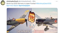 Meme ini menggambarkan dua pesawat Perang Dunia II, Stuka Jerman dan Zero Jepang, berduel satu sama lain di Piala Dunia 2022. (Foto: Twitter)