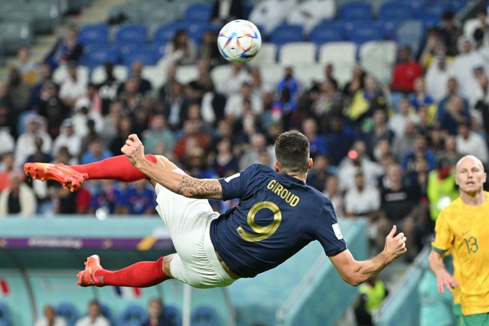 Olivier Giroud AL WAKRAH, QATAR - NOVEMBER 22: Olivier Giroud of France scores to make it 4-1 during the FIFA World Cup Qatar 2022 Group D match between France and Australia at Al Janoub Stadium on November 22, 2022 in Al Wakrah, Qatar. (Photo by Ian MacNicol/Getty Images)