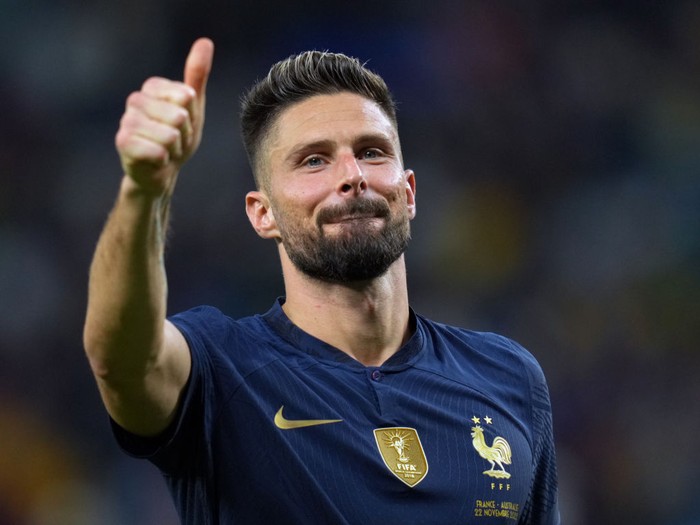 Olivier Giroud AL WAKRAH, QATAR - NOVEMBER 22: Olivier Giroud of France scores to make it 4-1 during the FIFA World Cup Qatar 2022 Group D match between France and Australia at Al Janoub Stadium on November 22, 2022 in Al Wakrah, Qatar. (Photo by Ian MacNicol/Getty Images)