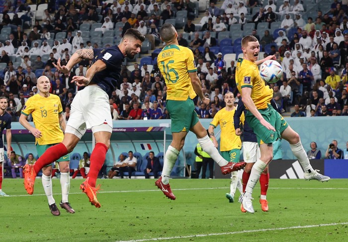 Olivier Giroud AL WAKRAH, QATAR - NOVEMBER 22: Olivier Giroud of France scores to make it 4-1 during the FIFA World Cup Qatar 2022 Group D match between France and Australia at Al Janoub Stadium on November 22, 2022 in Al Wakrah, Qatar. (Photo by Ian MacNicol/Getty Images)