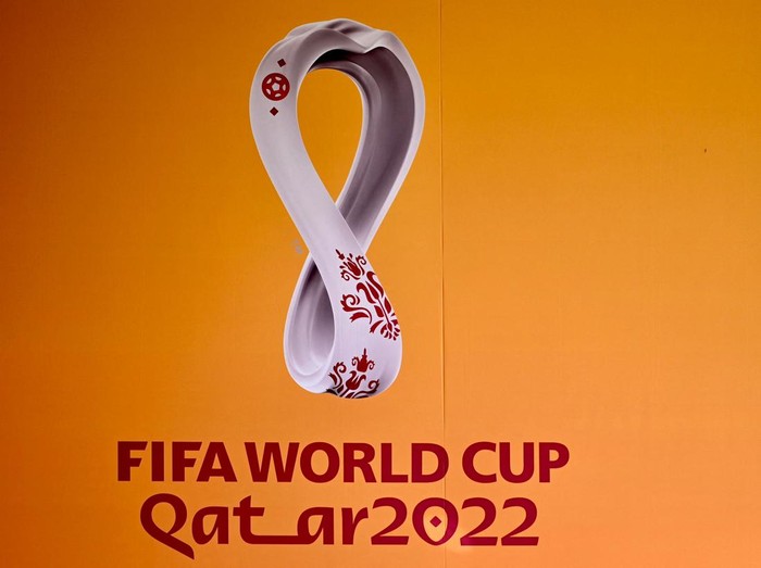 The logo of the Qatar 2022 FIFA World Cup football tournament is displayed on a wall in Doha on October 23, 2022. (Photo by Gabriel BOUYS / AFP) (Photo by GABRIEL BOUYS/AFP via Getty Images)
