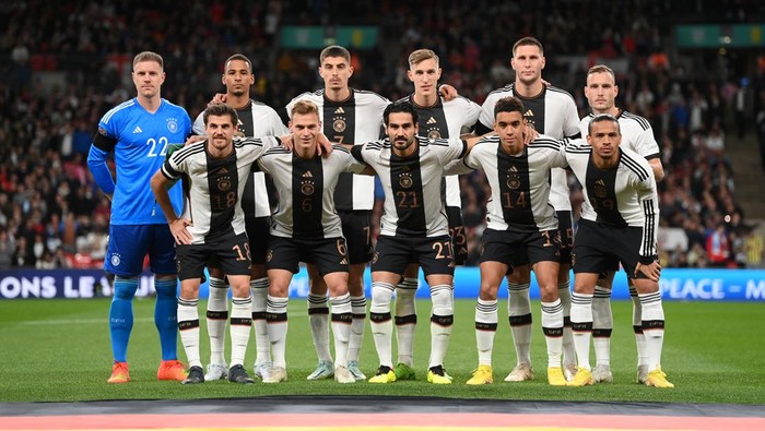 LONDON, ENGLAND - SEPTEMBER 26: Players of Germany pose for a team photograph prior to the UEFA Nations League League A Group 3 match between England and Germany at Wembley Stadium on September 26, 2022 in London, England. (Photo by Michael Regan - The FA/The FA via Getty Images)