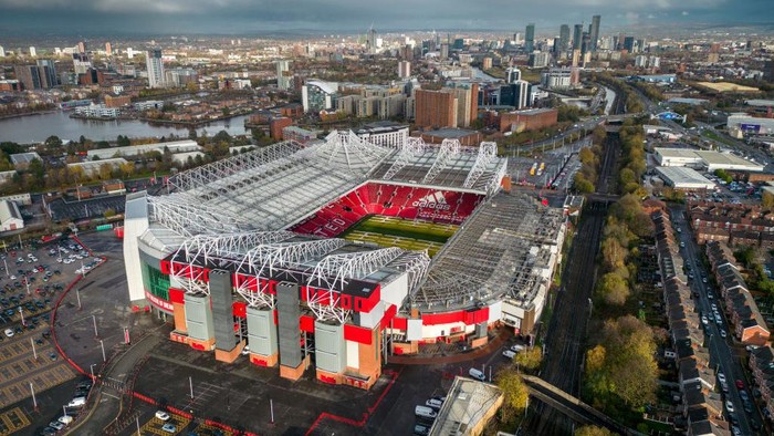 1443899257 MANCHESTER, ENGLAND - NOVEMBER 23: An aerial view of Old Trafford Stadium, the home of Manchester United Football Club on November 23, 2022 in Manchester, England. Yesterday, the club released a statement indicating that the Glazer family who are majority owners of the club said they will