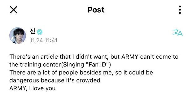 Jin BTS menulis pesan menyentuh di Weverse/ Foto: twitter.com/jinniesarchives Jin BTS menulis pesan menyentuh di Weverse/ Foto: twitter.com/jinniesarchives