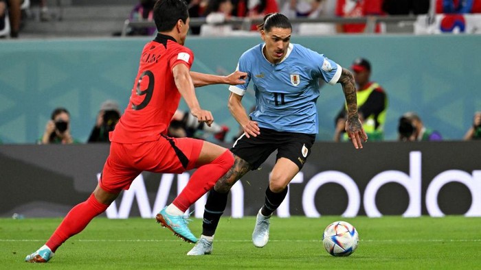 Sengit! Uruguay Vs Korea Selatan Berakhir Imbang Tanpa Gol South Korea's forward #09 Cho Gue-sung and Uruguay's forward #11 Darwin Nunez fight for the ball during the Qatar 2022 World Cup Group H football match between Uruguay and South Korea at the Education City Stadium in Al-Rayyan, west of Doha on November 24, 2022. (Photo by JUNG Yeon-je / AFP) (Photo by JUNG YEON-JE/AFP via Getty Images)