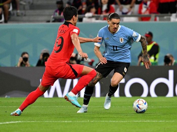 South Korea's forward #09 Cho Gue-sung and Uruguay's forward #11 Darwin Nunez fight for the ball during the Qatar 2022 World Cup Group H football match between Uruguay and South Korea at the Education City Stadium in Al-Rayyan, west of Doha on November 24, 2022. (Photo by JUNG Yeon-je / AFP) (Photo by JUNG YEON-JE/AFP via Getty Images)
