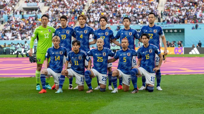 DOHA, QATAR - NOVEMBER 23: Japan pose for their starting XI photo before a FIFA World Cup Qatar 2022 Group E match between Japan and Germany at Khalifa International Stadium on November 23, 2022 in Doha, Qatar. (Photo by Brad Smith/ISI Photos/Getty Images)