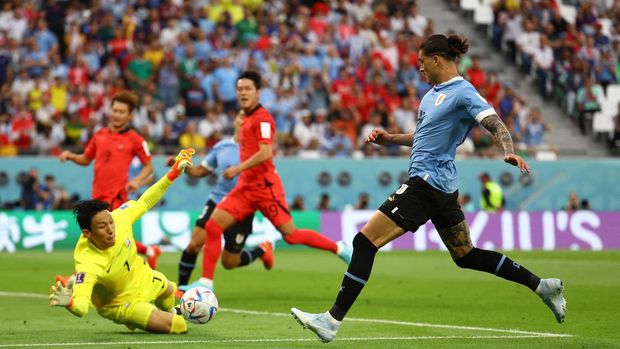 Uruguay vs Korea Selatan di Piala Dunia 2022 Soccer Football - FIFA World Cup Qatar 2022 - Group H - Uruguay v South Korea - Education City Stadium, Al Rayyan, Qatar - November 24, 2022 South Korea's Kim Seung-gyu in action with Uruguay's Darwin Nunez REUTERS/Kai Pfaffenbach