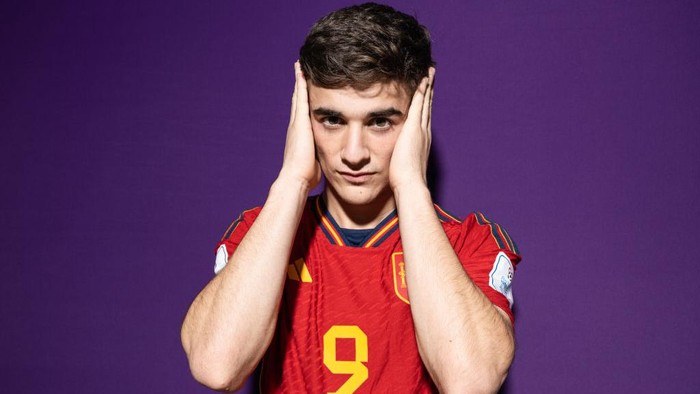 DOHA, QATAR - NOVEMBER 18: Gavi of Spain poses during the official FIFA World Cup Qatar 2022 portrait session on November 18, 2022 in Doha, Qatar. (Photo by Oliver Hardt - FIFA/FIFA via Getty Images)