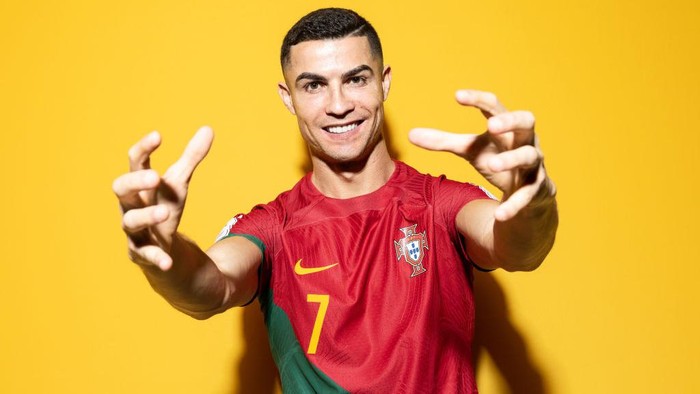 DOHA, QATAR - NOVEMBER 19: Cristiano Ronaldo of Portugal poses during the official FIFA World Cup Qatar 2022 portrait session on November 19, 2022 in Doha, Qatar. (Photo by Lars Baron - FIFA/FIFA via Getty Images)