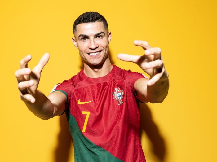 DOHA, QATAR - NOVEMBER 19: Cristiano Ronaldo of Portugal poses during the official FIFA World Cup Qatar 2022 portrait session on November 19, 2022 in Doha, Qatar. (Photo by Lars Baron - FIFA/FIFA via Getty Images)
