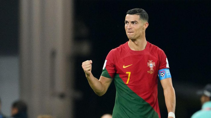 DOHA, QATAR - NOVEMBER 24: Cristiano Ronaldo of Portugal   celebrates during the FIFA World Cup Qatar 2022 Group H match between Portugal and Ghana at Stadium 974 on November 24, 2022 in Doha, Qatar. (Photo by Matthias Hangst/Getty Images)