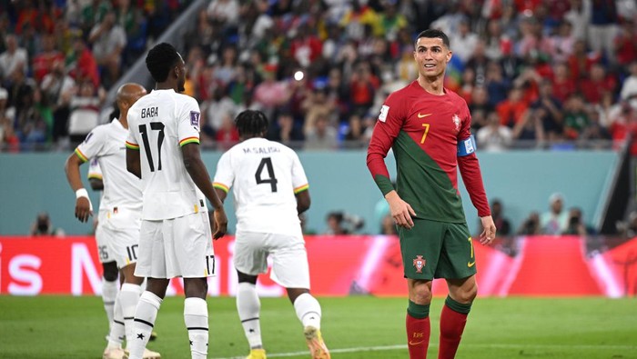 Cristiano Ronaldo, Portugal, Ghana DOHA, QATAR - NOVEMBER 24: Cristiano Ronaldo of Portugal reacts after a missed chance during the FIFA World Cup Qatar 2022 Group H match between Portugal and Ghana at Stadium 974 on November 24, 2022 in Doha, Qatar. (Photo by Matthias Hangst/Getty Images)