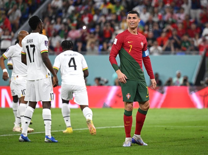 DOHA, QATAR - NOVEMBER 24: Cristiano Ronaldo of Portugal reacts after a missed chance  during the FIFA World Cup Qatar 2022 Group H match between Portugal and Ghana at Stadium 974 on November 24, 2022 in Doha, Qatar. (Photo by Matthias Hangst/Getty Images)