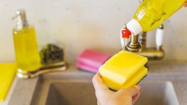 Dishwashing liquid with a sponge on kitchen sink