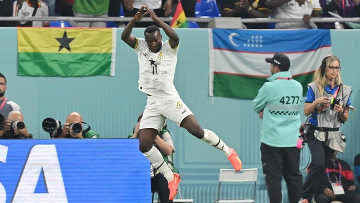 Ghanas forward #11 Osman Bukari (C) celebrates scoring his teams second goal during the Qatar 2022 World Cup Group H football match between Portugal and Ghana at Stadium 974 in Doha on November 24, 2022. (Photo by Glyn KIRK / AFP) (Photo by GLYN KIRK/AFP via Getty Images)