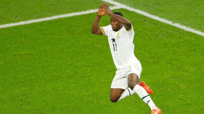 Ghana's forward #11 Osman Bukari celebrates scoring his team's second goal during the Qatar 2022 World Cup Group H football match between Portugal and Ghana at Stadium 974 in Doha on November 24, 2022. (Photo by Odd ANDERSEN / AFP) (Photo by ODD ANDERSEN/AFP via Getty Images)