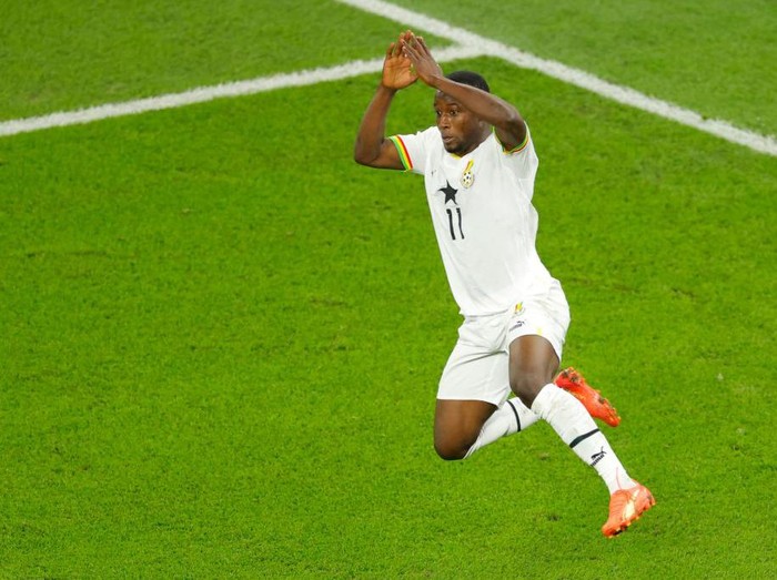 Ghana's forward #11 Osman Bukari celebrates scoring his team's second goal during the Qatar 2022 World Cup Group H football match between Portugal and Ghana at Stadium 974 in Doha on November 24, 2022. (Photo by Odd ANDERSEN / AFP) (Photo by ODD ANDERSEN/AFP via Getty Images)