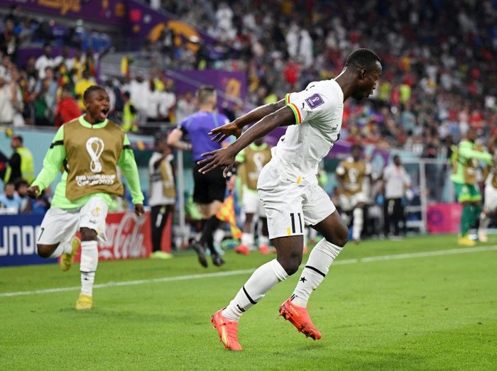 DOHA, QATAR - NOVEMBER 24: Osman Bukari of Ghana celebrates after scoring their team's second goal during the FIFA World Cup Qatar 2022 Group H match between Portugal and Ghana at Stadium 974 on November 24, 2022 in Doha, Qatar. (Photo by Matthias Hangst/Getty Images)