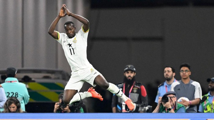 TOPSHOT - Ghanas forward #11 Osman Bukari celebrates scoring his teams second goal during the Qatar 2022 World Cup Group H football match between Portugal and Ghana at Stadium 974 in Doha on November 24, 2022. (Photo by PATRICIA DE MELO MOREIRA / AFP) (Photo by PATRICIA DE MELO MOREIRA/AFP via Getty Images)