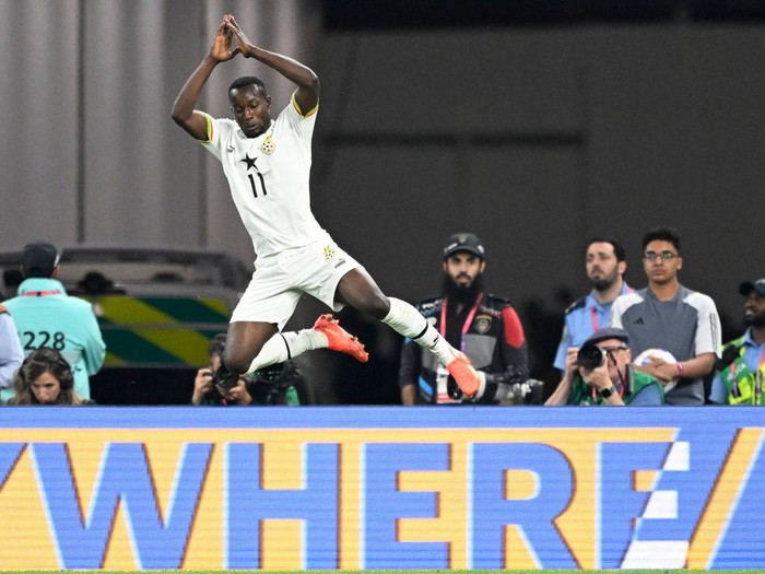 TOPSHOT - Ghana's forward #11 Osman Bukari celebrates scoring his team's second goal during the Qatar 2022 World Cup Group H football match between Portugal and Ghana at Stadium 974 in Doha on November 24, 2022. (Photo by PATRICIA DE MELO MOREIRA / AFP) (Photo by PATRICIA DE MELO MOREIRA/AFP via Getty Images)