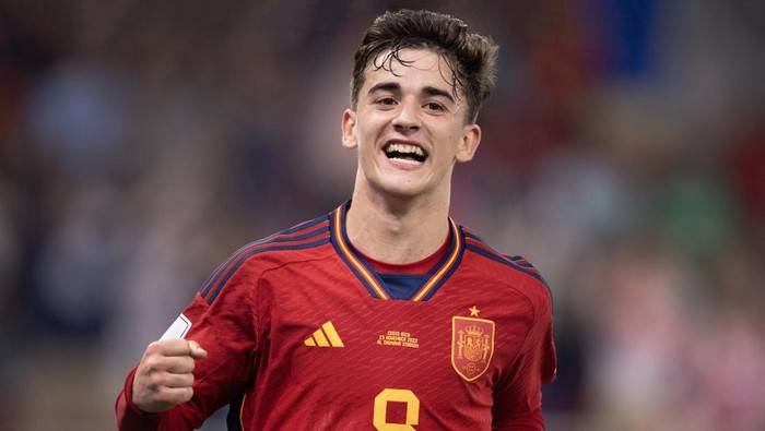 DOHA, QATAR - NOVEMBER 23: Gavi of Spain celebrates scoring the fifth goal during the FIFA World Cup Qatar 2022 Group E match between Spain and Costa Rica at Al Thumama Stadium on November 23, 2022 in Doha, Qatar. (Photo by Visionhaus/Getty Images)