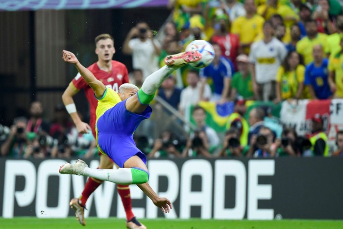 LUSAIL CITY, QATAR - NOVEMBER 24: Richarlison of Brazil scores his team's second goal during the FIFA World Cup Qatar 2022 Group G match between Brazil and Serbia at Lusail Stadium on November 24, 2022 in Lusail City, Qatar. (Photo by Matteo Ciambelli/DeFodi Images via Getty Images)