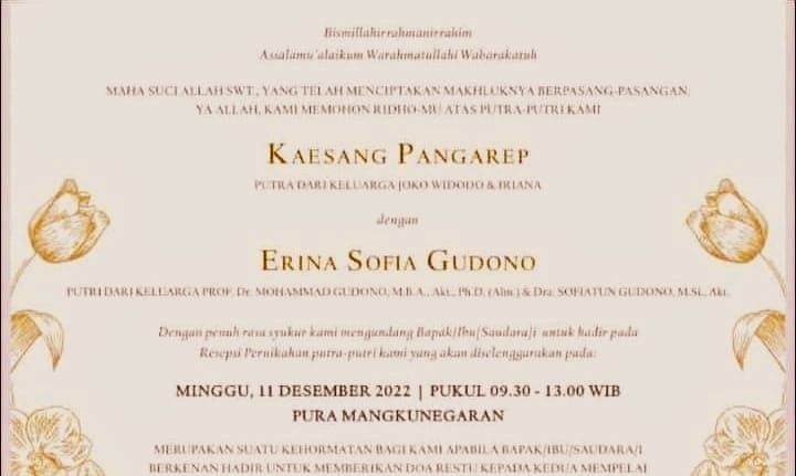 Heboh beredarnya undangan pernikahan Kaesang & Erina Gudono yang digelar pada Minggu (11/12) mendatang.