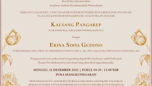 Heboh beredarnya undangan pernikahan Kaesang & Erina Gudono yang digelar pada Minggu (11/12) mendatang.