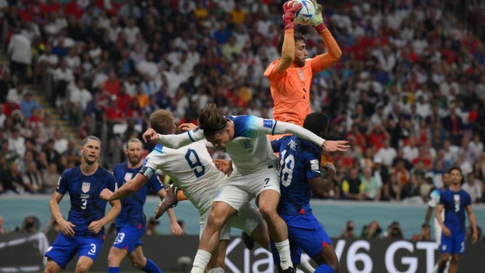 USAs goalkeeper #01 Matt Turner saves a shot during the Qatar 2022 World Cup Group B football match between England and USA at the Al-Bayt Stadium in Al Khor, north of Doha on November 25, 2022. (Photo by Paul ELLIS / AFP) (Photo by PAUL ELLIS/AFP via Getty Images)
