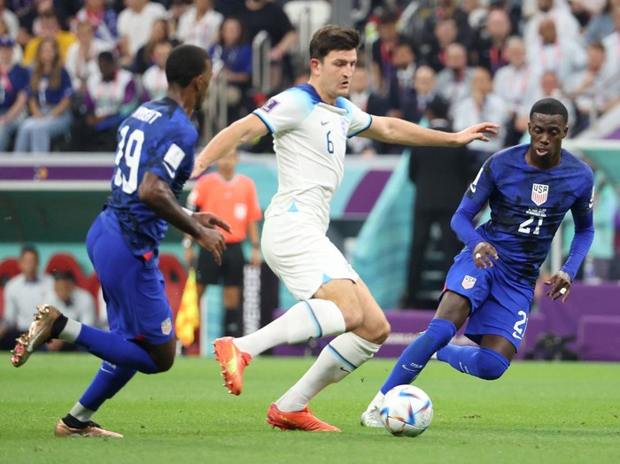 AL KHOR, QATAR - NOVEMBER 25: Harry Maguire of England  during the FIFA World Cup Qatar 2022 Group B match between England and USA at Al Bayt Stadium on November 25, 2022 in Al Khor, Qatar. (Photo by Jean Catuffe/Getty Images)