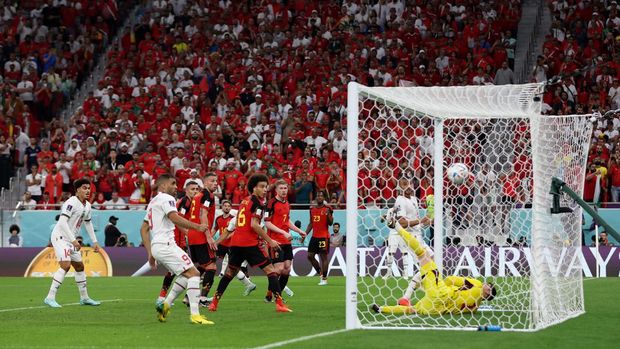 Soccer Football - FIFA World Cup Qatar 2022 - Group F - Belgium v Morocco - Al Thumama Stadium, Doha, Qatar - November 27, 2022 Morocco's Abdelhamid Sabiri scores their first goal REUTERS/Matthew Childs