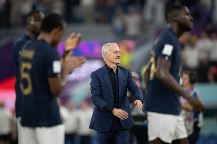 DOHA, QATAR - NOVEMBER 26: Head Coach Didier Deschamps of France celebrates victory after the FIFA World Cup Qatar 2022 Group D match between France and Denmark at Stadium 974 on November 26, 2022 in Doha, Qatar. (Photo by Marvin Ibo Guengoer - GES Sportfoto/Getty Images)