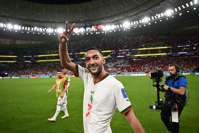 DOHA, QATAR - NOVEMBER 27: Hakim Ziyech of Morocco celebrates after the 2-0 win during the FIFA World Cup Qatar 2022 Group F match between Belgium and Morocco at Al Thumama Stadium on November 27, 2022 in Doha, Qatar. (Photo by Michael Regan - FIFA/FIFA via Getty Images)