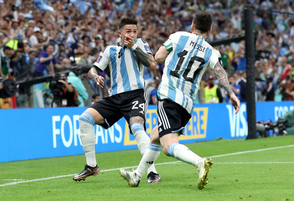 LUSAIL CITY, QATAR - NOVEMBER 26: Enzo Fernandez of Argentina celebrates with teammate Lionel Messi after scoring their team's second goal  during the FIFA World Cup Qatar 2022 Group C match between Argentina and Mexico at Lusail Stadium on November 26, 2022 in Lusail City, Qatar. (Photo by Maja Hitij - FIFA/FIFA via Getty Images)